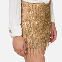Abiti Red Carpet|Mini Abiti|Elisabetta Franchi Miniabito a camicia con gonna ricamata in paillettes Avorio/Gold