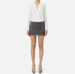 Abiti Red Carpet|Mini Abiti|Elisabetta Franchi Miniabito a camicia con gonna ricamata in paillettes Avorio/Steel