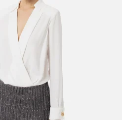 Abiti Red Carpet|Mini Abiti|Elisabetta Franchi Miniabito a camicia con gonna ricamata in paillettes Avorio/Steel