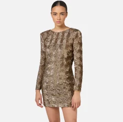 Abiti Red Carpet|Mini Abiti|Elisabetta Franchi Miniabito boxy in tulle ricamato con paillettes Camel