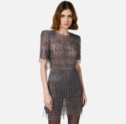 Abiti|Abiti Red Carpet|Elisabetta Franchi Miniabito boxy in tulle ricamato con paillettes Steel