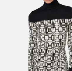 Mini Abiti|Abiti In Maglia|Elisabetta Franchi Miniabito dolcevita logo jacquard Burro/Nero