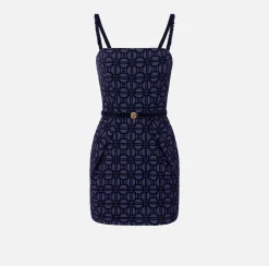 Mini Abiti|Abiti|Elisabetta Franchi Miniabito in crêpe flock con cintura Navy