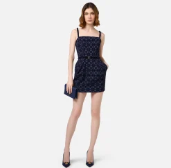 Mini Abiti|Abiti|Elisabetta Franchi Miniabito in crêpe flock con cintura Navy