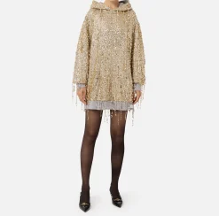 Mini Abiti|Abiti|Elisabetta Franchi Miniabito in felpa con cappuccio e frange di paillettes Gold/GrigioMelange