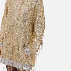 Mini Abiti|Abiti|Elisabetta Franchi Miniabito in felpa con cappuccio e frange di paillettes Gold/GrigioMelange