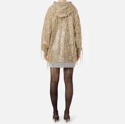 Mini Abiti|Abiti|Elisabetta Franchi Miniabito in felpa con cappuccio e frange di paillettes Gold/GrigioMelange