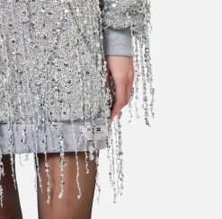 Mini Abiti|Abiti|Elisabetta Franchi Miniabito in felpa con cappuccio e frange di paillettes Silver/GrigioMelange