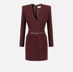 Mini Abiti|Abiti|Elisabetta Franchi Miniabito in fresco di lana stretch con cintura RougeNoir