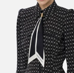 Mini Abiti|Abiti|Elisabetta Franchi Miniabito in georgette stampa rombo con foulard Nero/Burro