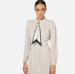 Mini Abiti|Abiti|Elisabetta Franchi Miniabito in georgette stampa rombo con foulard Nero/Burro