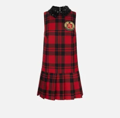 Mini Abiti|Abiti|Elisabetta Franchi Miniabito in lana tartan con patch ricamato Nero/RedPassion