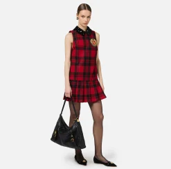 Mini Abiti|Abiti|Elisabetta Franchi Miniabito in lana tartan con patch ricamato Nero/RedPassion