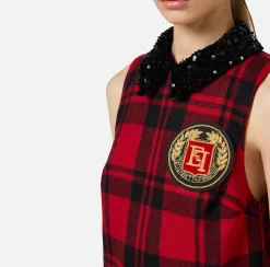 Mini Abiti|Abiti|Elisabetta Franchi Miniabito in lana tartan con patch ricamato Nero/RedPassion