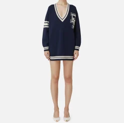 Abiti In Maglia|Mini Abiti|Elisabetta Franchi Miniabito in lana tipo college Navy/Burro