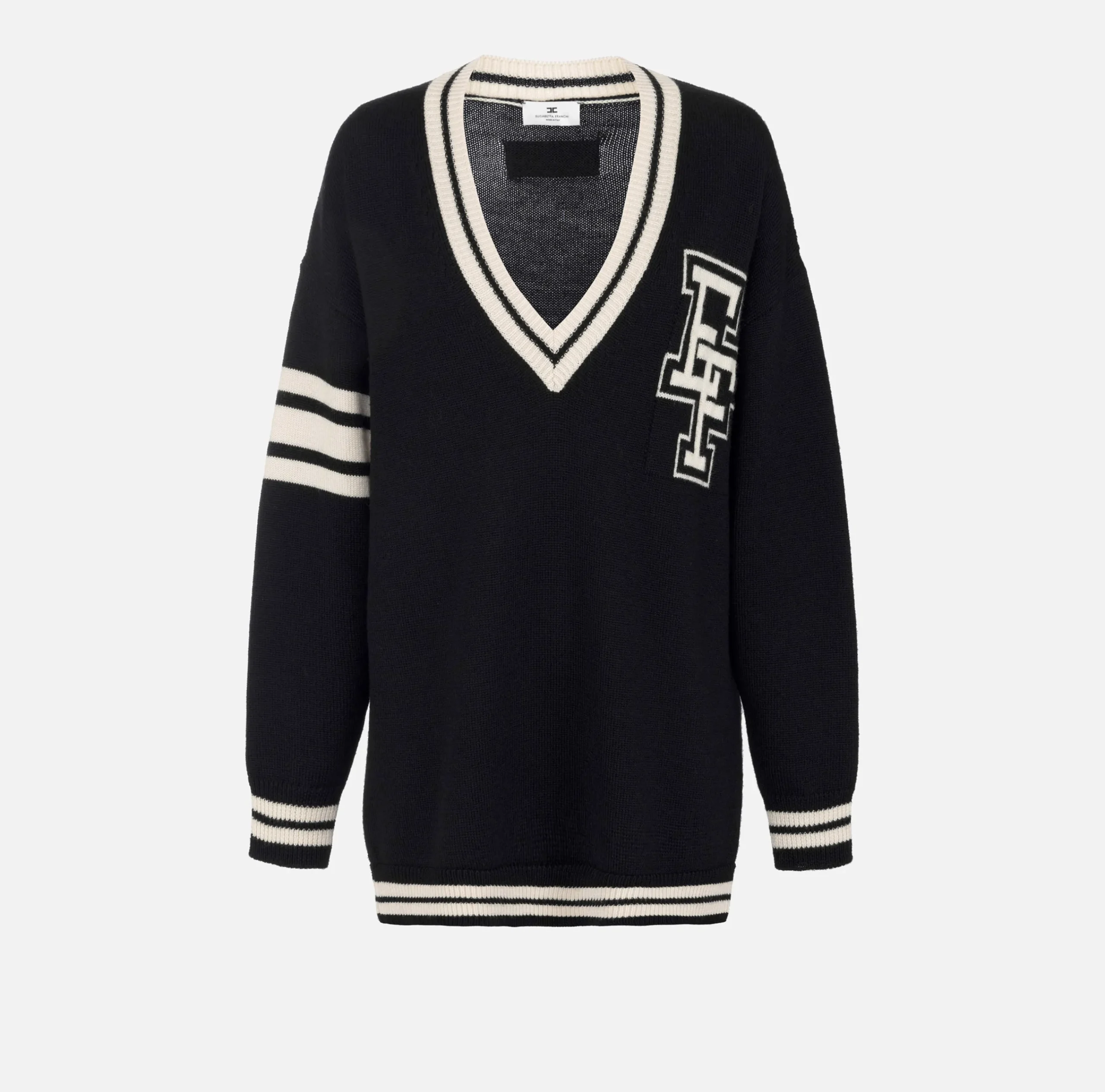 Abiti In Maglia|Mini Abiti|Elisabetta Franchi Miniabito in lana tipo college Nero/Burro