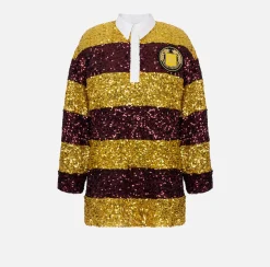 Mini Abiti|Abiti|Elisabetta Franchi Miniabito in paillettes a righe con colletto a camicia Mimosa/RougeNoir