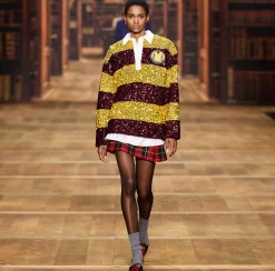 Mini Abiti|Abiti|Elisabetta Franchi Miniabito in paillettes a righe con colletto a camicia Mimosa/RougeNoir