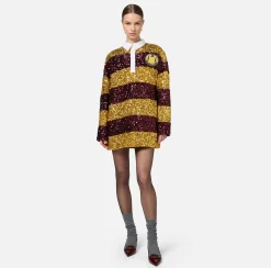 Mini Abiti|Abiti|Elisabetta Franchi Miniabito in paillettes a righe con colletto a camicia Mimosa/RougeNoir