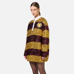 Mini Abiti|Abiti|Elisabetta Franchi Miniabito in paillettes a righe con colletto a camicia Mimosa/RougeNoir