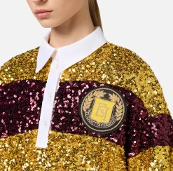 Mini Abiti|Abiti|Elisabetta Franchi Miniabito in paillettes a righe con colletto a camicia Mimosa/RougeNoir