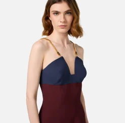 Mini Abiti|Abiti|Elisabetta Franchi Miniabito in satin con catena groumette Navy/RougeNoir/Burro