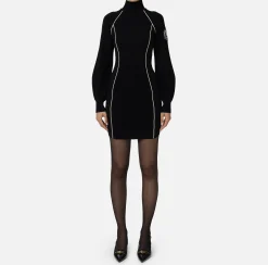 Abiti In Maglia|Mini Abiti|Elisabetta Franchi Miniabito in viscosa con patch logo Nero/Burro