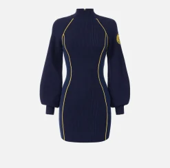 Abiti In Maglia|Mini Abiti|Elisabetta Franchi Miniabito in viscosa con patch logo Navy/Mimosa