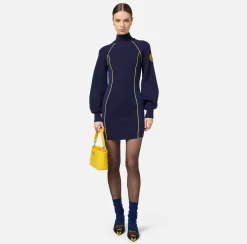 Abiti In Maglia|Mini Abiti|Elisabetta Franchi Miniabito in viscosa con patch logo Navy/Mimosa