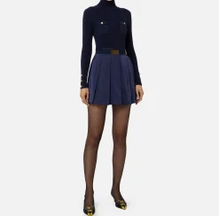 Mini Abiti|Abiti In Maglia|Elisabetta Franchi Miniabito in viscosa e seta a costine con ricamo logo Navy