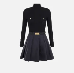 Mini Abiti|Abiti In Maglia|Elisabetta Franchi Miniabito in viscosa e seta a costine con ricamo logo Nero