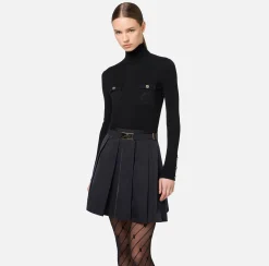 Mini Abiti|Abiti In Maglia|Elisabetta Franchi Miniabito in viscosa e seta a costine con ricamo logo Nero