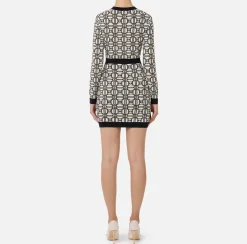 Mini Abiti|Abiti In Maglia|Elisabetta Franchi Miniabito logo jacquard Burro/Nero
