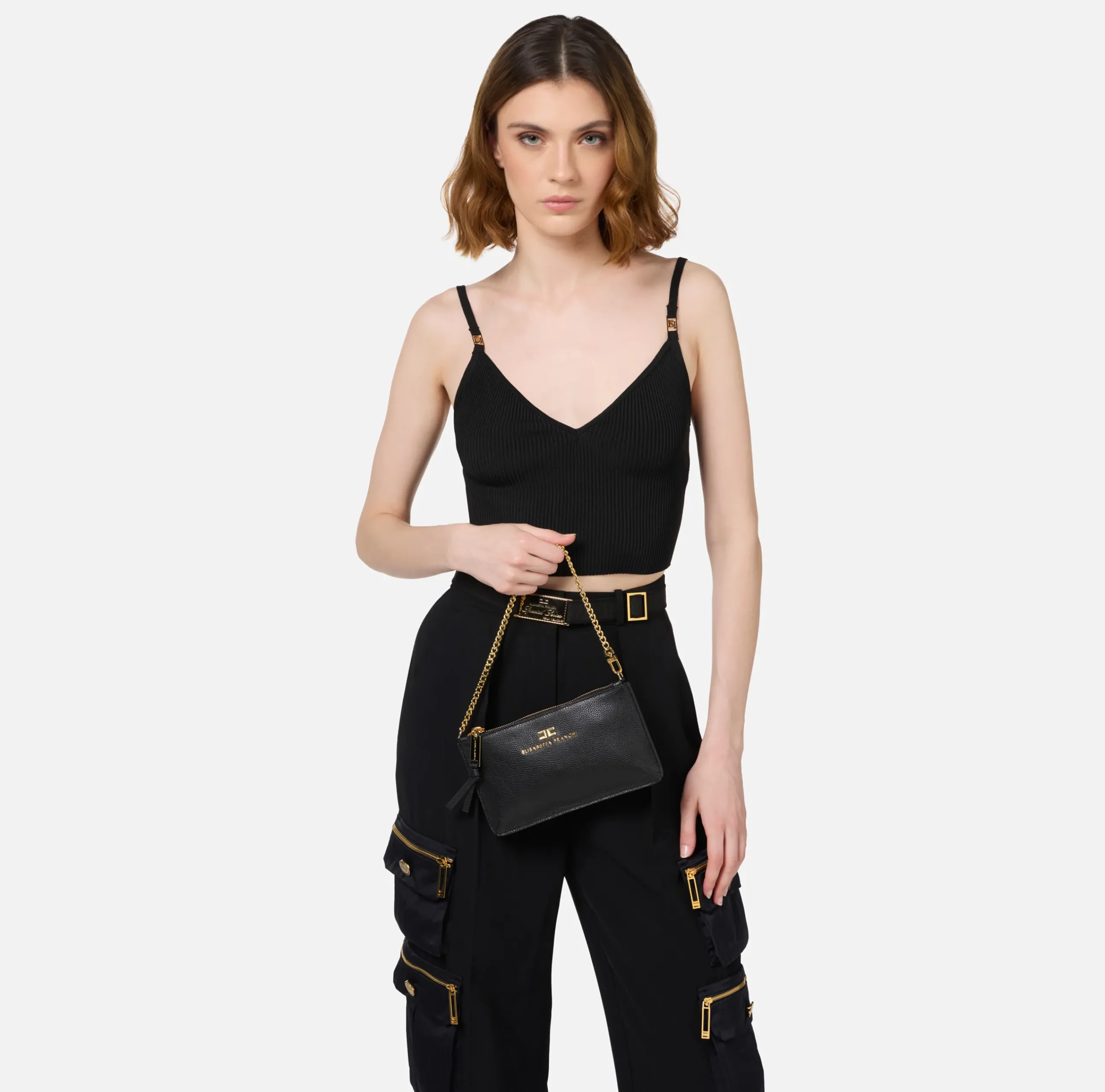 Borse A Spalla|Elisabetta Franchi Miniborsa baguette a tracolla in pelle con lettering Nero