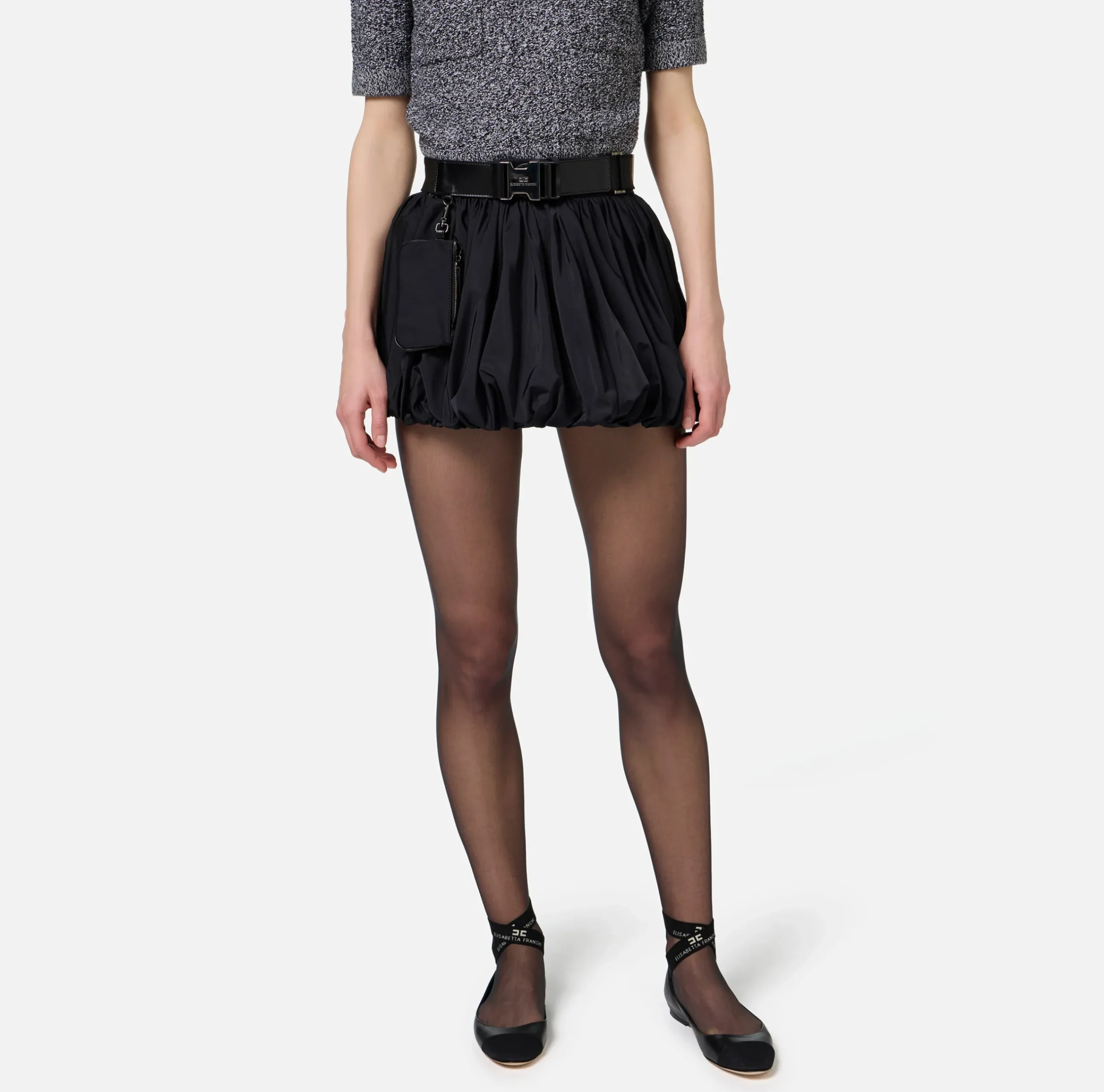 Gonne|Elisabetta Franchi Minigonna a palloncino in nylon tecnico con cintura Nero