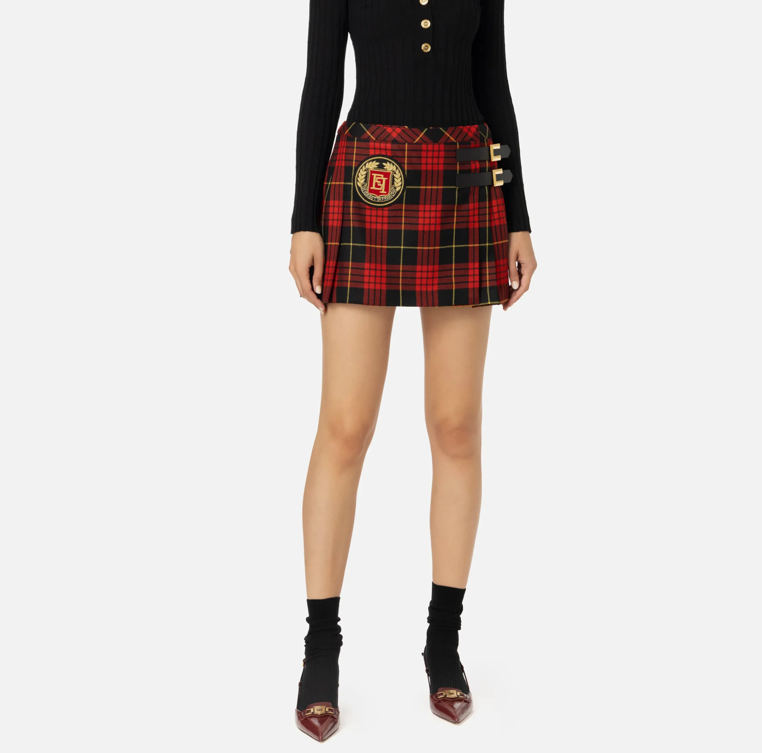 Gonne|Elisabetta Franchi Minigonna a pieghe in lana tartan con patch ricamato Nero/RedPassion