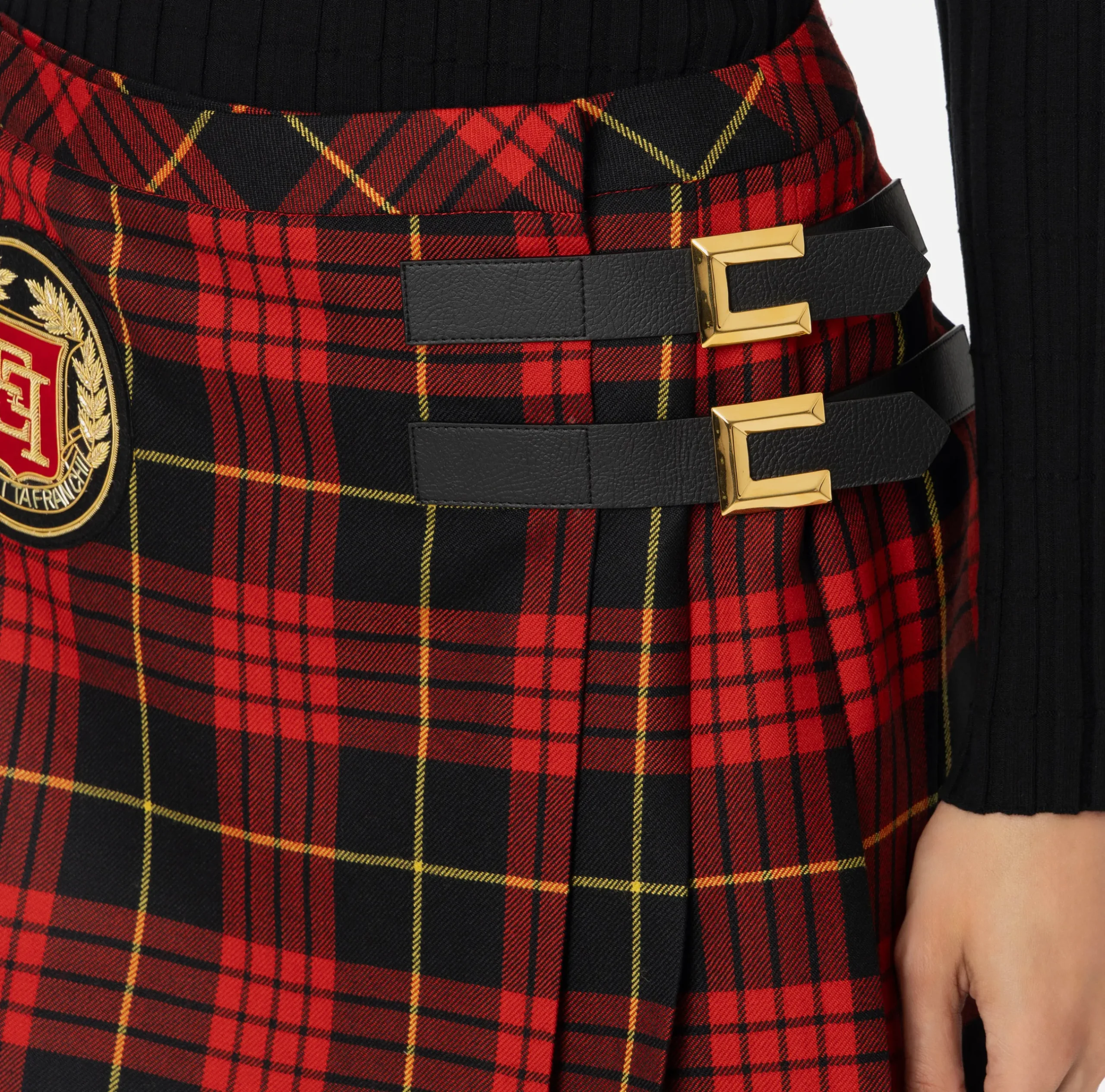 Gonne|Elisabetta Franchi Minigonna a pieghe in lana tartan con patch ricamato Nero/RedPassion