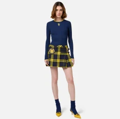 Gonne|Elisabetta Franchi Minigonna a pieghe in lana tartan con patch ricamato Navy/Mimosa