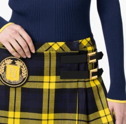 Gonne|Elisabetta Franchi Minigonna a pieghe in lana tartan con patch ricamato Navy/Mimosa