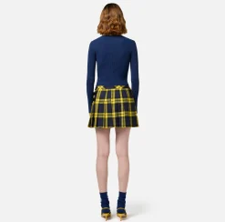 Gonne|Elisabetta Franchi Minigonna a pieghe in lana tartan con patch ricamato Navy/Mimosa