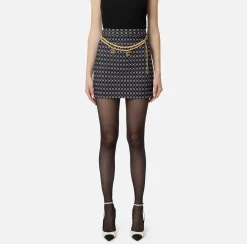 Tailleur|Gonne|Elisabetta Franchi Minigonna in crêpe stampa rombo con catena Nero/Burro