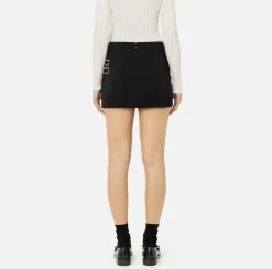 Gonne|Elisabetta Franchi Minigonna in crêpe stretch con banda e ricamo logo Nero/Burro