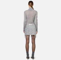 Gonne|Elisabetta Franchi Minigonna in tulle ricamata con frange di paillettes Silver