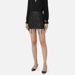 Gonne|Elisabetta Franchi Minigonna in tulle ricamata con frange di paillettes Nero