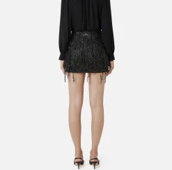 Gonne|Elisabetta Franchi Minigonna in tulle ricamata con frange di paillettes Nero