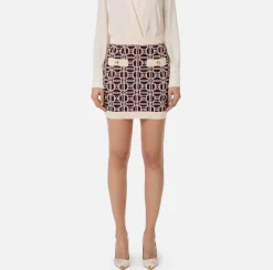 Gonne|Elisabetta Franchi Minigonna in viscosa jacquard con logo RougeNoir/Burro