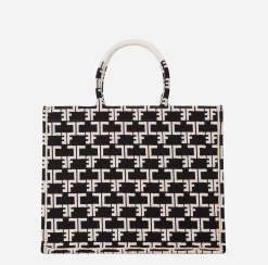 Borse A Mano|Elisabetta Franchi Monogram Tote Large Nero/Burro