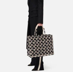 Borse A Mano|Elisabetta Franchi Monogram Tote Large Nero/Burro