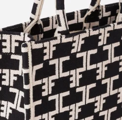 Borse A Mano|Elisabetta Franchi Monogram Tote Small Nero/Burro