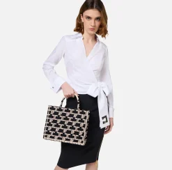 Borse A Mano|Elisabetta Franchi Monogram Tote Small Nero/Burro